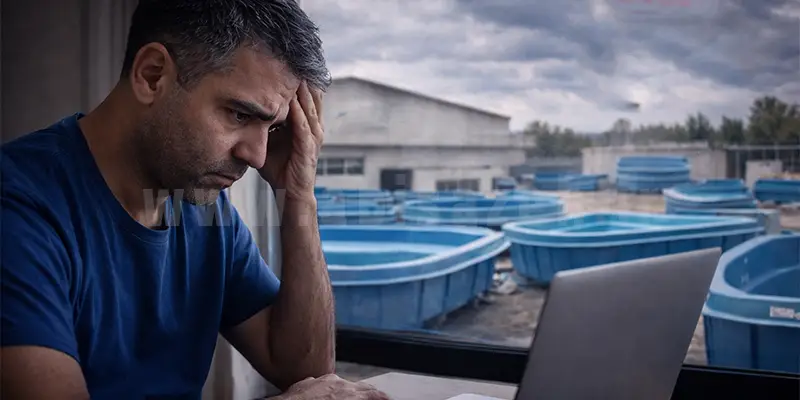 شخص با نگرانی در حال نگاه به کامپیوتر با پس زمینه استخرهای فایبرگلاس