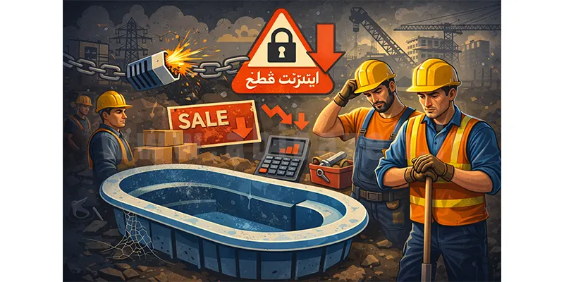 کارگران و استخر فایبرگلاس با تابلوهای قطعی اینترنت